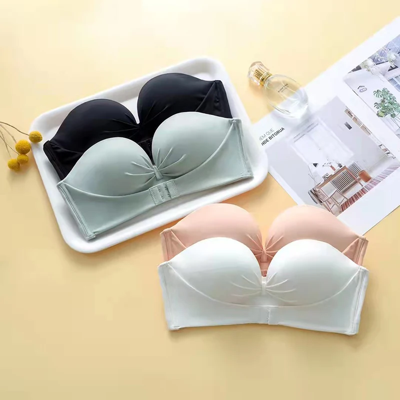 Women's Bra New Seamless Front Buckle Bra Women Sexy Strapless Push Up Bra Front Glossy Lnvisible Non-Slip One-Piece Push Up Bra
