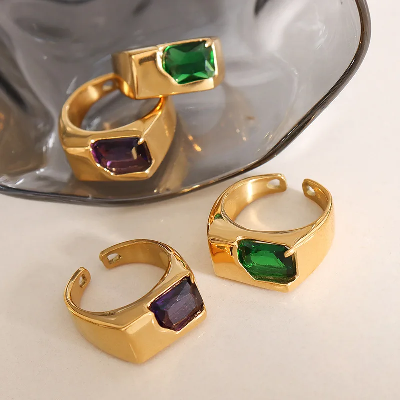 

Vintage Green Zirconia Stainless Steel Opening Rings For Women Men INS Trendy Gold Plated Couple Lover Ring Party Jewelry Gift