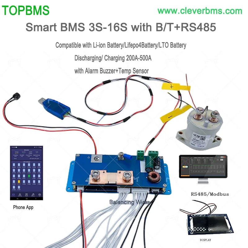 

TOPBMS 3.2V BMS 500A 4S 12V 8S 24V 12S 36V 15S 16S 48V 200A Bluetooth RS485 Modbus LiFePo4 Battery Ebike Ecar Inverter Solar