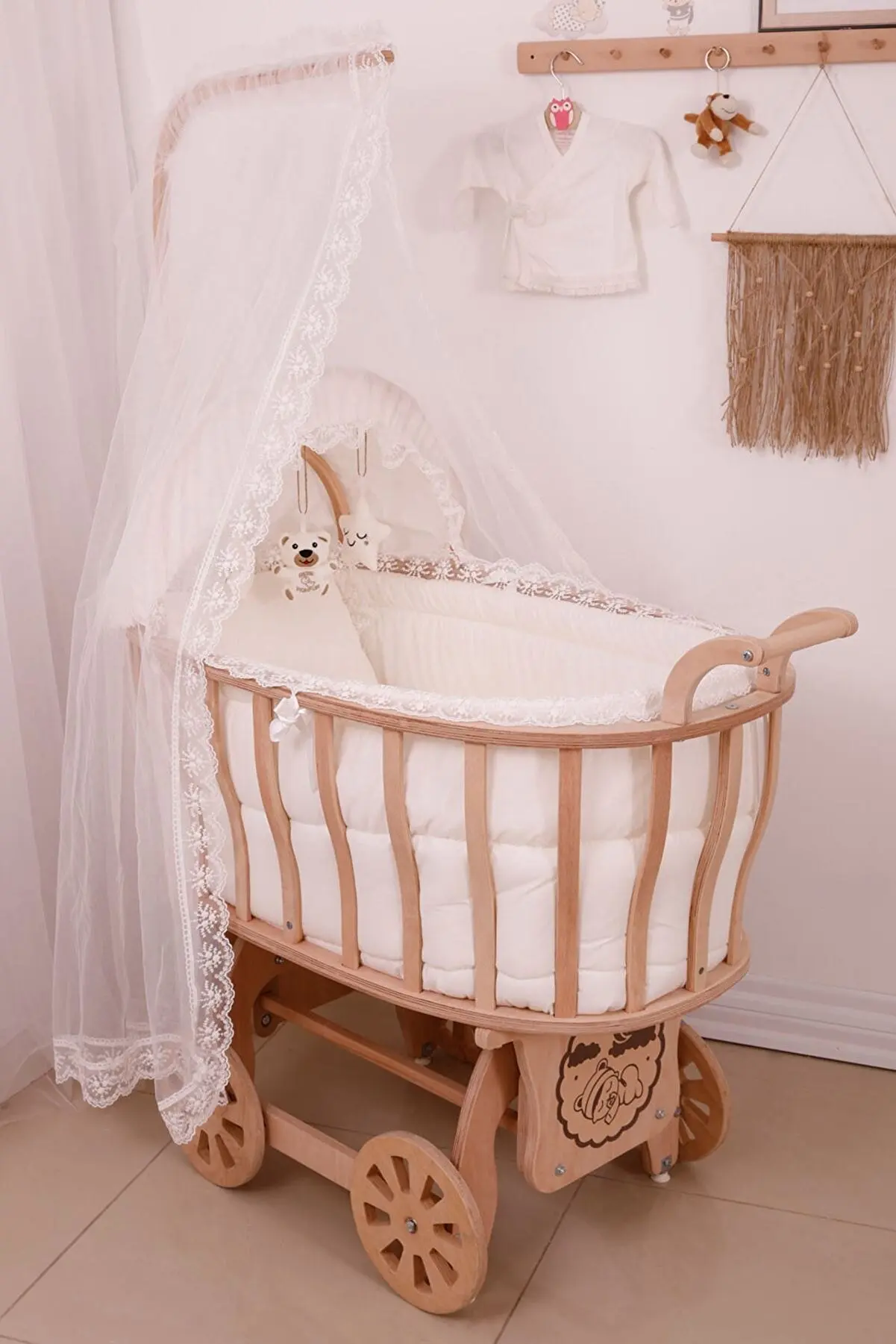 Bebekonfor Natural Wood Mother Yanı Sleeping Basket Set Crib Cream quality made in Turkey