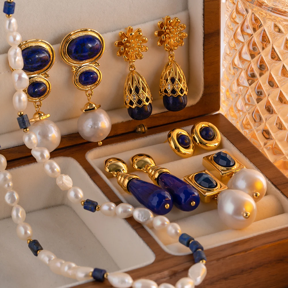 Серьги-гвоздики Uworld из натурального лазурита позолоченные медные серьги с