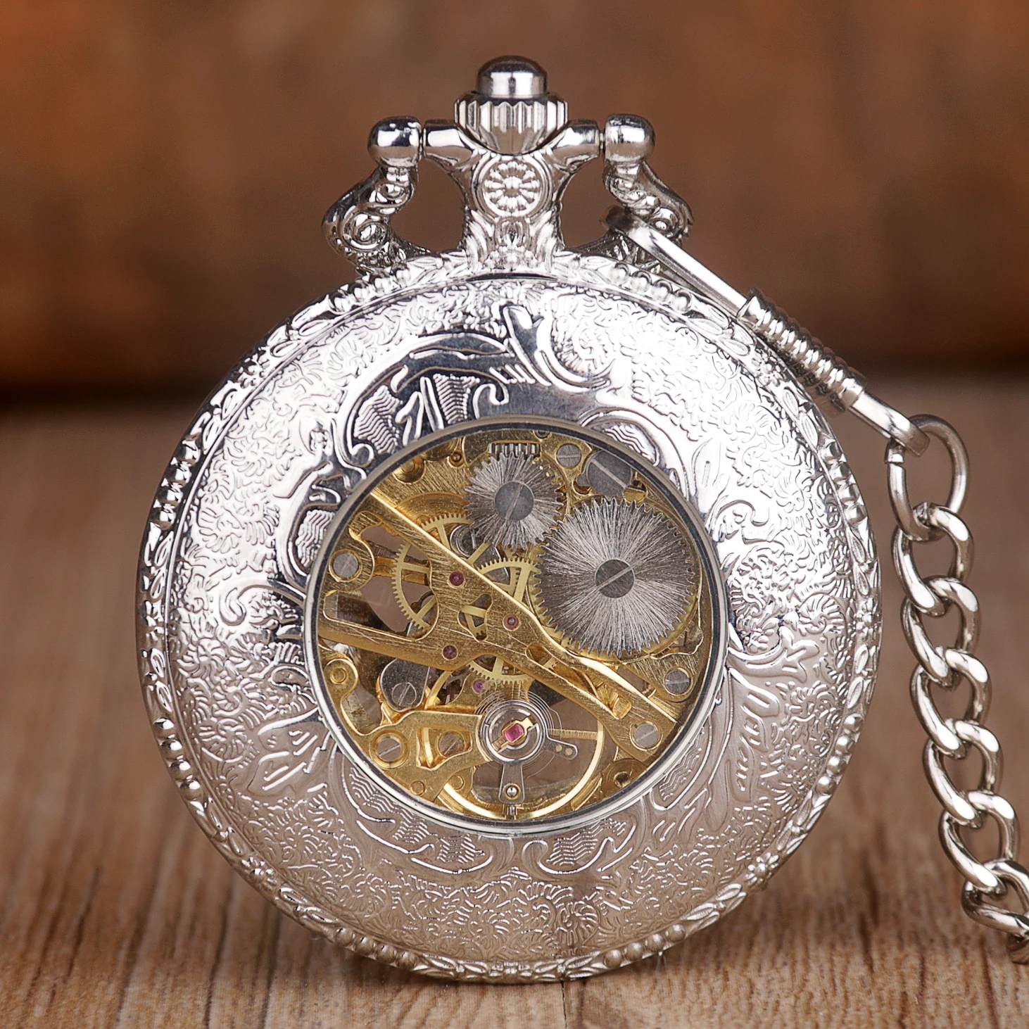 Fashion Silver Luxury Skeleton Pocket Watch Vintage Charm Mechacnical Hand-winding Mens Pocket Fob Chain Watches