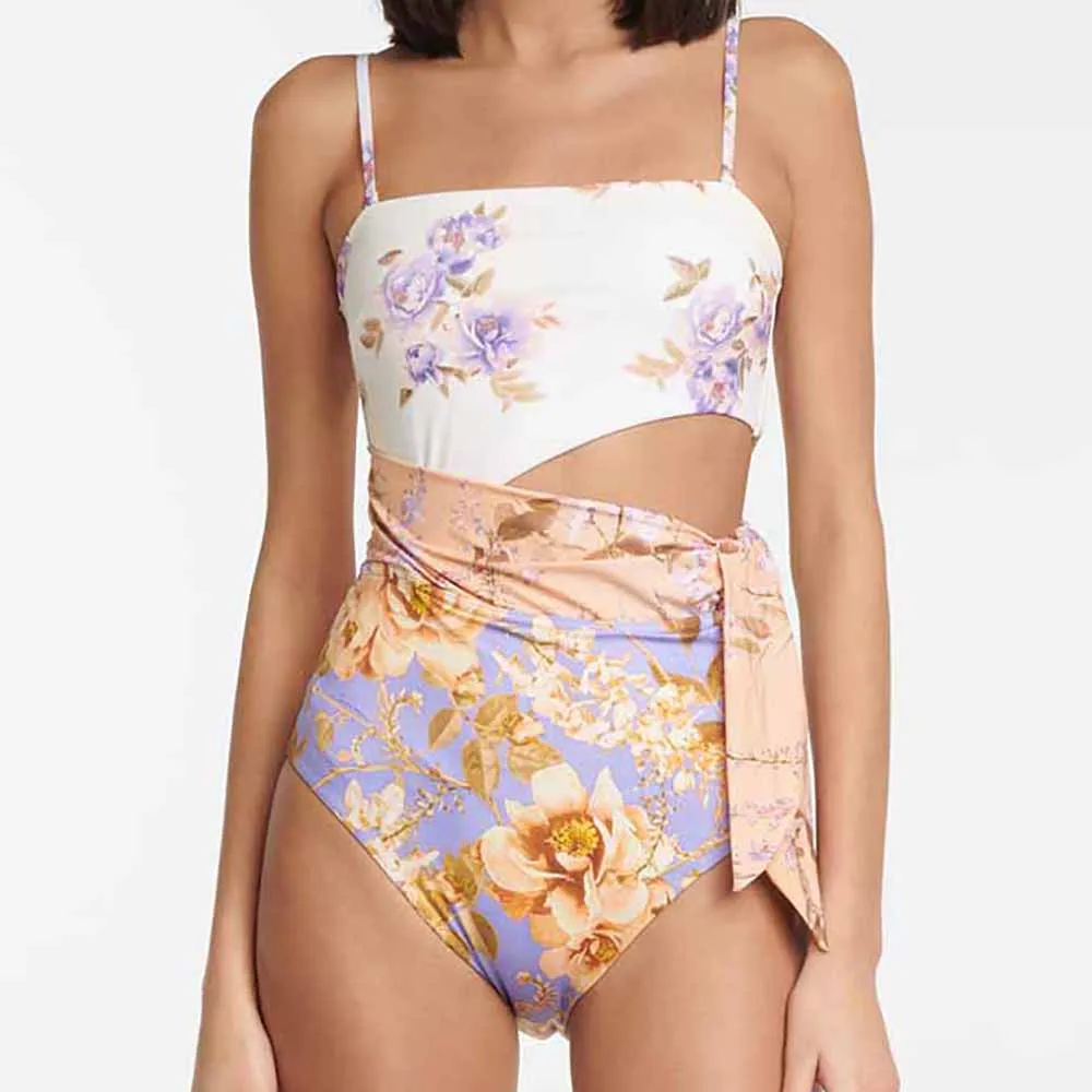 

Purple Print Sling Swimsuit Slim Hollow Backless Bikini Sexy High Waist Elegant Beachwear 2022 Fashion Summer Push Ups