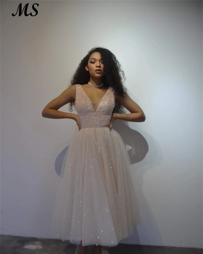 

MS White Sequin A Line Evening Gowns V Neck Strap Elegant Midi Prom Dresses Formal Party Invite For Gradution Ankle Length 2022
