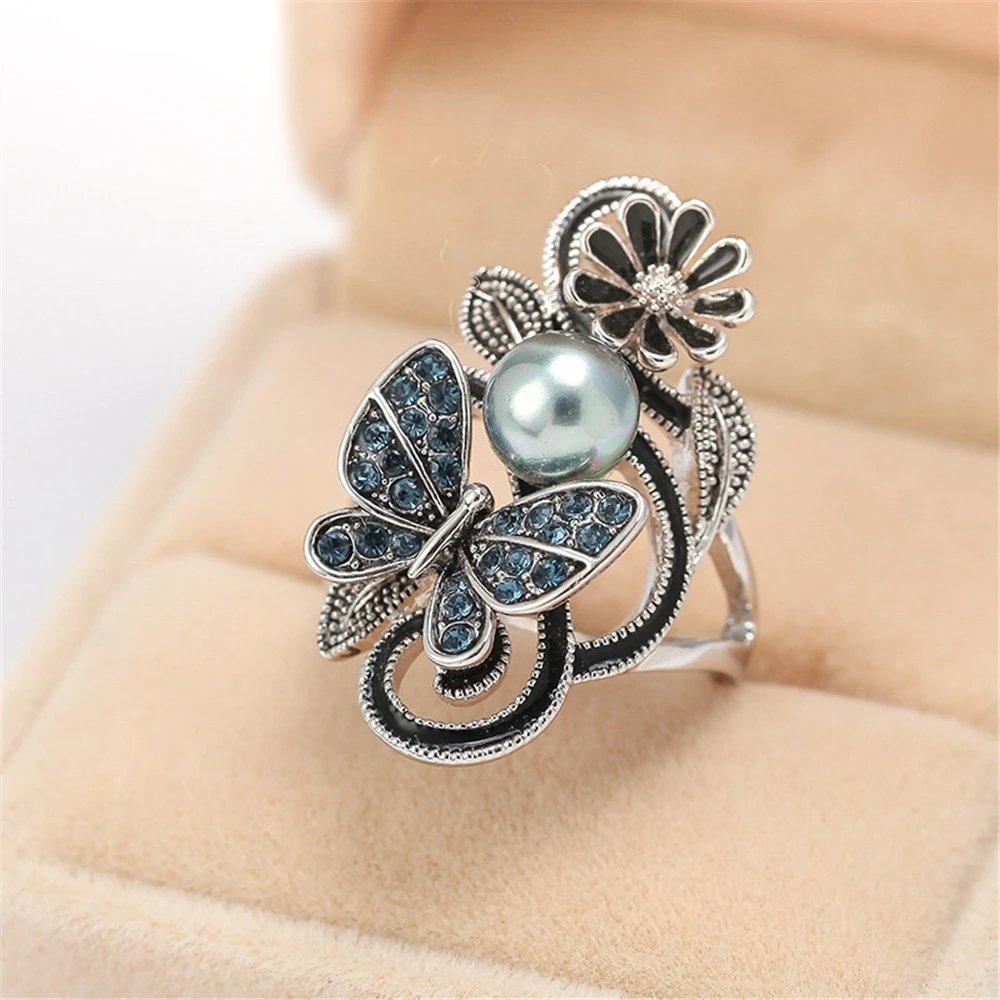 

Luxury Design Ink Blue Pearl Butterfly Zircon Ring for Women Glamour Lady Party Jewelry Wedding Ring Romantic Valentine's Gifts