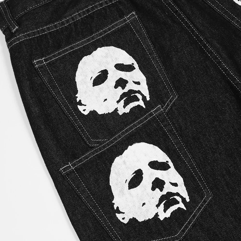 Black Retro Men Streetwear Hip Hop Skull Gothic Straight Wide Leg Cargo Pants Y2K Alt Harajuku Baggy Low Rise Denim Jeans Clothe
