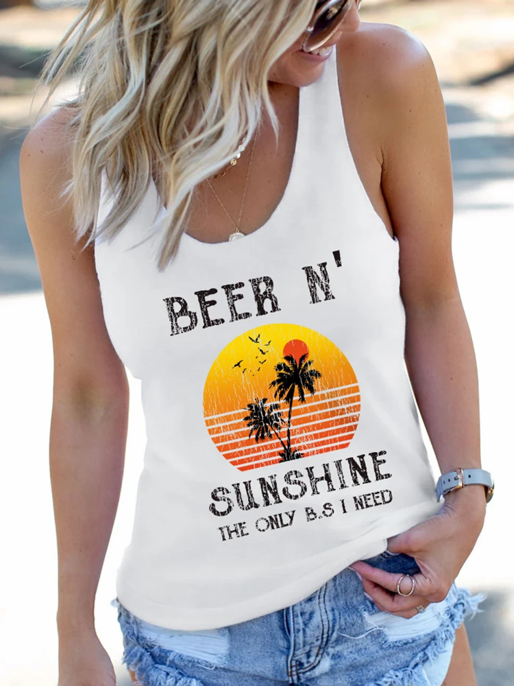 

Funny Beach Shirts Racerback Tank Women Cute Beer Sunshine Graphic Tank Top Summer Vest Vacation Beach Trip White Camis Tops