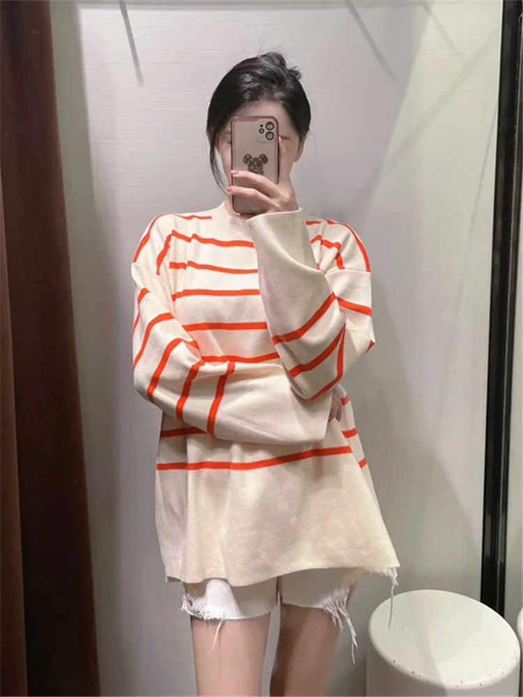 

PB&ZA autumn new women's commuter simple round neck long sleeve striped loose hem slit knitted sweater 8689/104