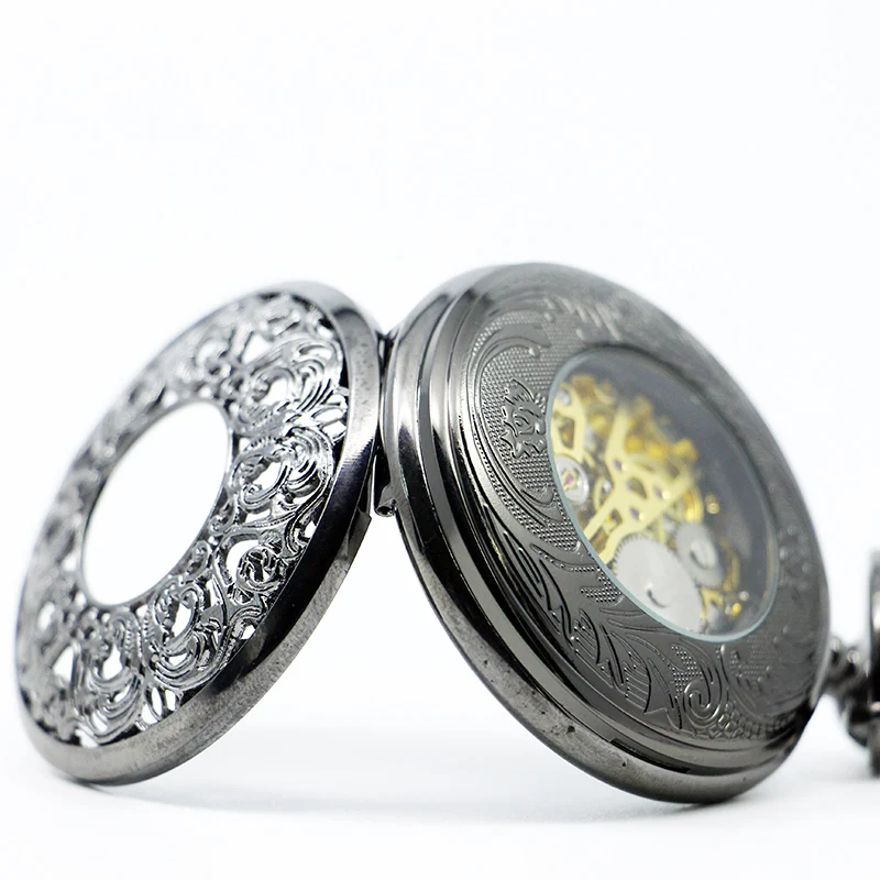 Antique Mechanical Pocket Watch Hollow Black Dial Hand-Winding Men Pendant Collection Fob Chain Watch Skeleton Steampunk Clock