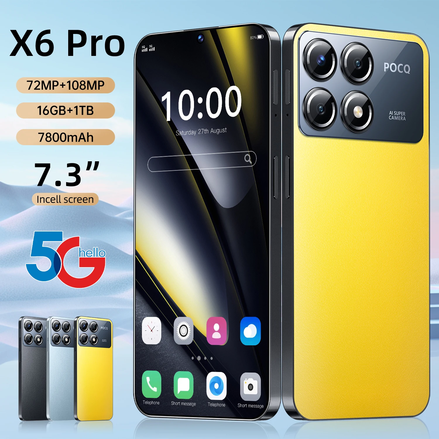 2024 Новый смартфон X6 Pro 7 3-дюймовый полноэкранный мобильный телефон 4G/5G 16 ТБ + 1 7800