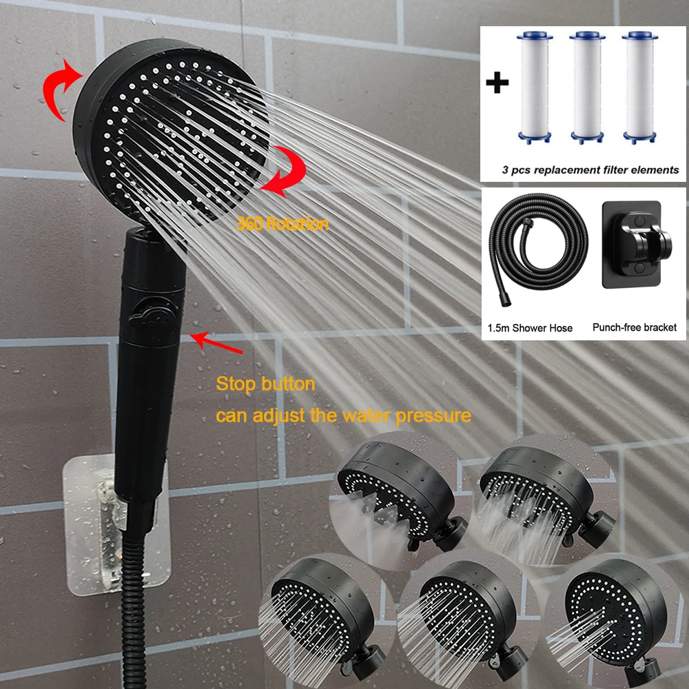 

Bathroom Shower Head Set 5 Modes Adjustable Water Saving High Pressure 360 Rotation Handheld Eco Shower Bathroom Accessories