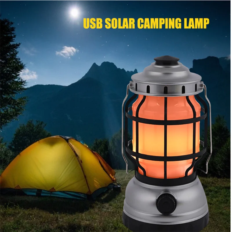 Outdoor solar camping lights USB charging flame lights always on white lights retro horse lights camping atmosphere tent lights