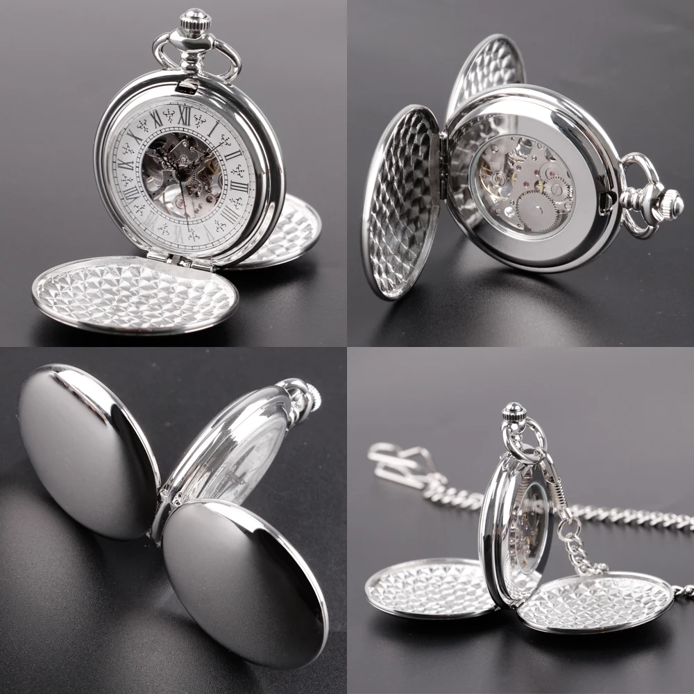New Fashion Mens Pocket Watch Necklace Luxury Silver Men Mechanical Chain Watches Gift 2 Sides Open Case Clock
