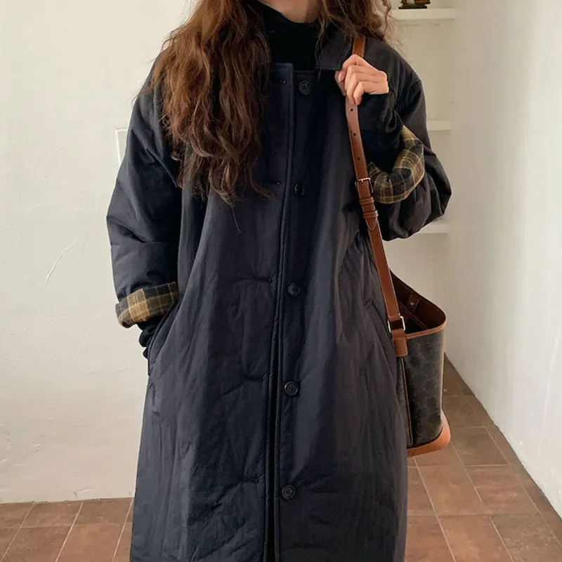Clothland Women Fashion Padded Jacket Long Sleeve Straight Long Coat Female Cute Casual Loose Coats Mujer CA356