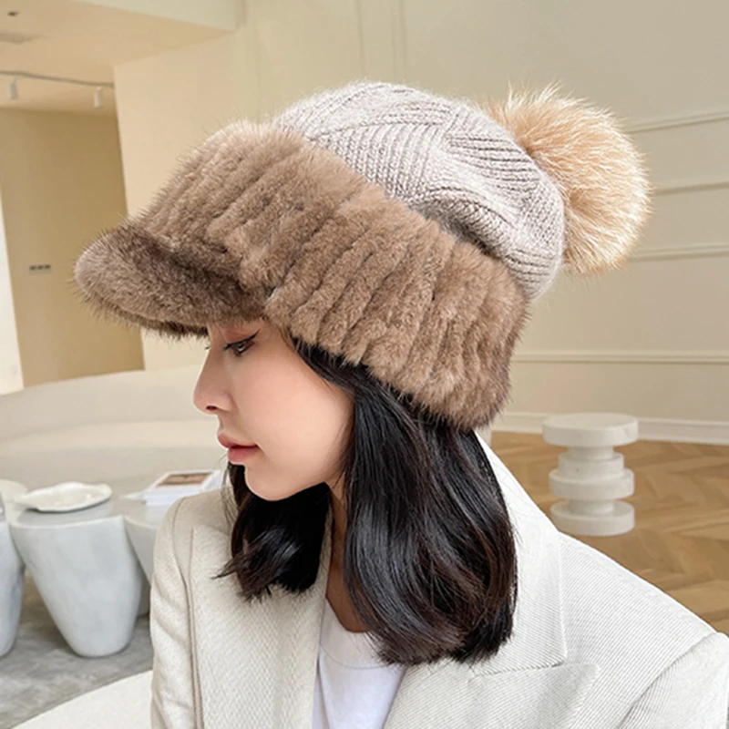 2022 Winter New Thick Warm Lady Natural Mink Fur Hats Natural Fur Visors Cap Women 100% Genuine Fur Knitted Hat with Fox Pompom