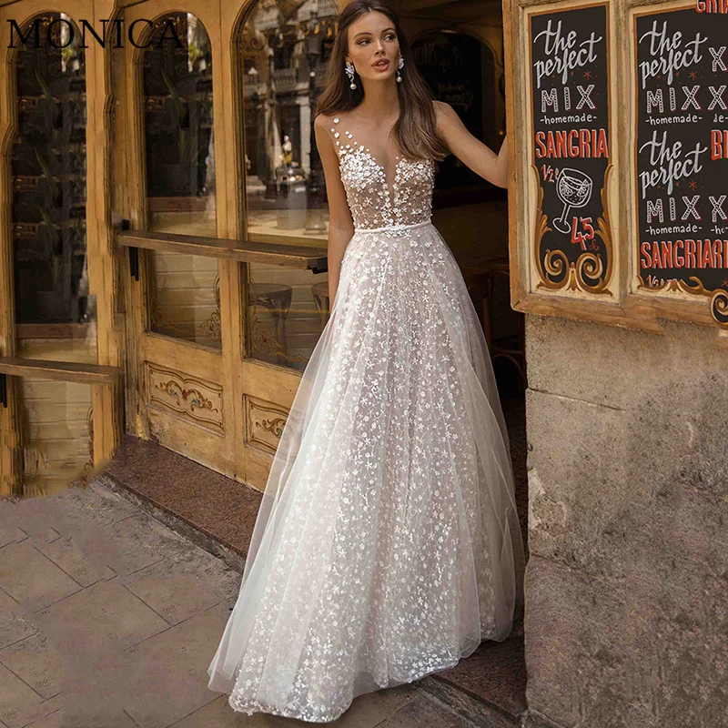 

MONICA Wedding Dress O-neck Sleeveless Illusion Lace Appliques Bride Gown Floor-Length Court Train Vestido De Novia For Women