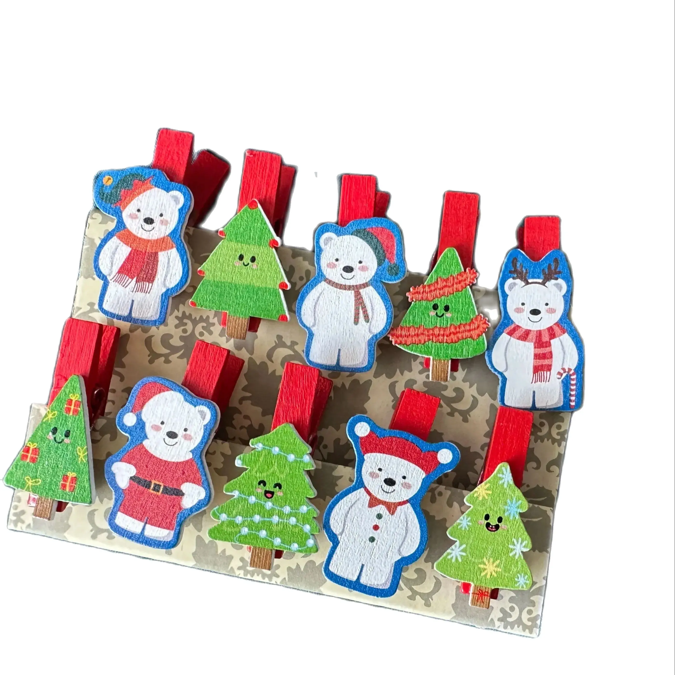 

120pcs Bear Decorated wooden picture clips,Original Paper Wooden Pegs,Pin Clothespin Craft Clips for Christmas Party Decorations