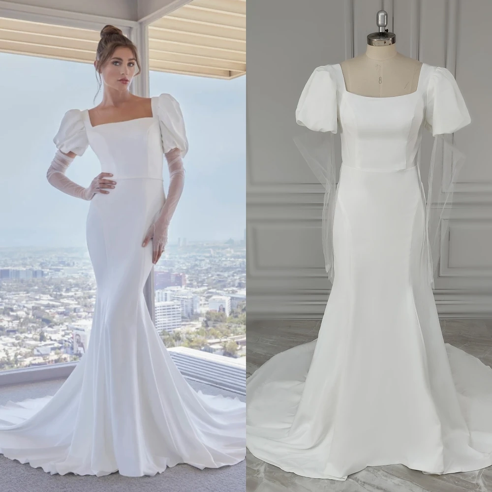 

12261# Real Photos Elegant Square Collar Puffy Sleeves Mermaid Wedding Dress Soft Satin Bride Gown For Women Vestido De Novia