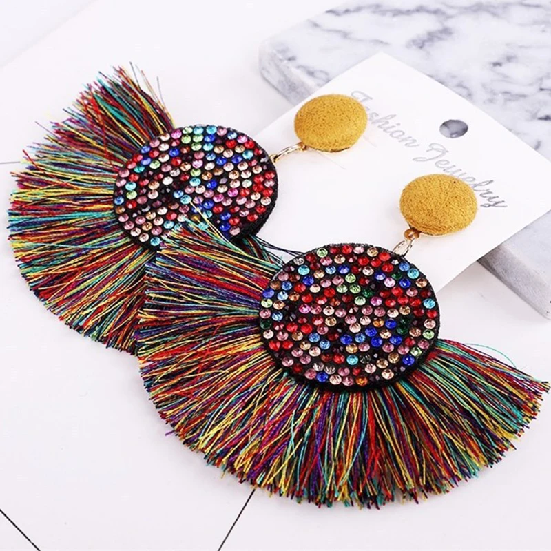 

Round Diamond Tassel Earrings New Long Tassel Drop Earrings for Women Wedding Fashion Jewelry Boucle Oreille Femme