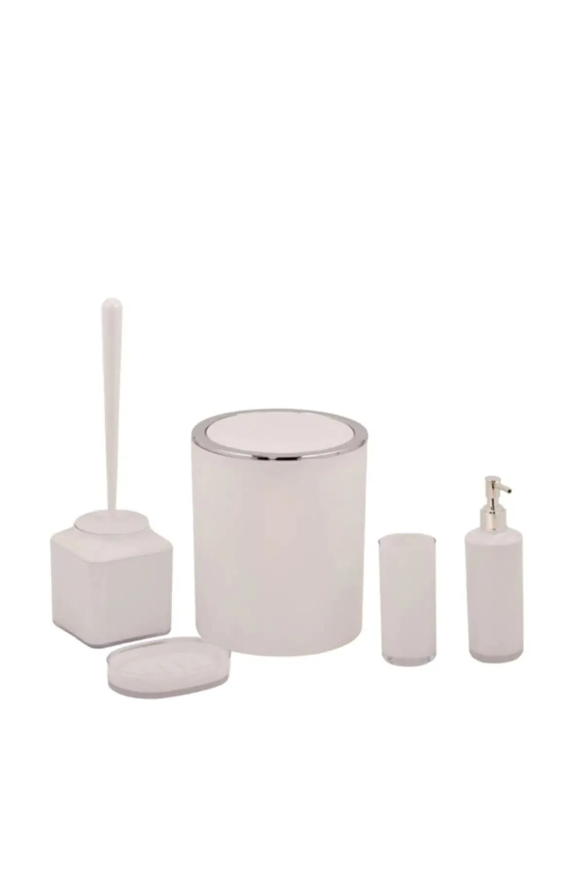 Bathroom Accessory Set White Silver 5 Pcs Acrylic Lux Toothbrush Holder Liquid And Solid Soap Dispenser Toilet Brush Trash Can