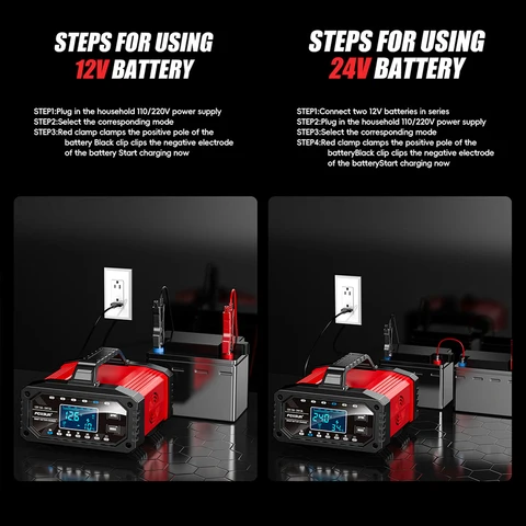 15A 12V 24V Автомобильный усилитель ЖК-дисплей Smart Charger Moto Зарядное устройство для свинцово-кислотных аккумуляторов LiFePO4 AGM