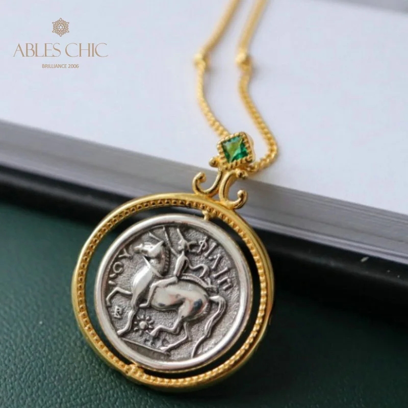 

Solid 925 Silver Byzantine Flipping Coin Pendant Roman 18K Gold Tone Emerald Accent Necklace C16S21013