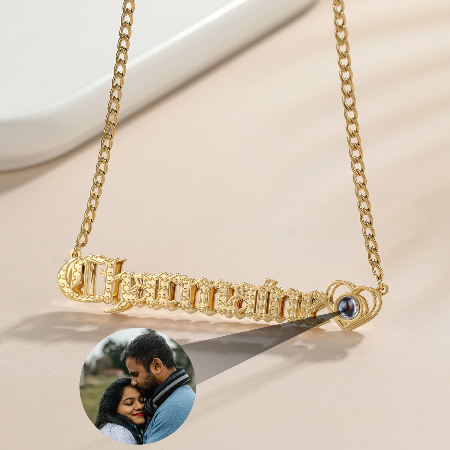 

Custom Name Projection Photo Necklace Personalized Double Layer 18K Gold Plated Pendant With Cuban Chain Luxury Gift For Lover