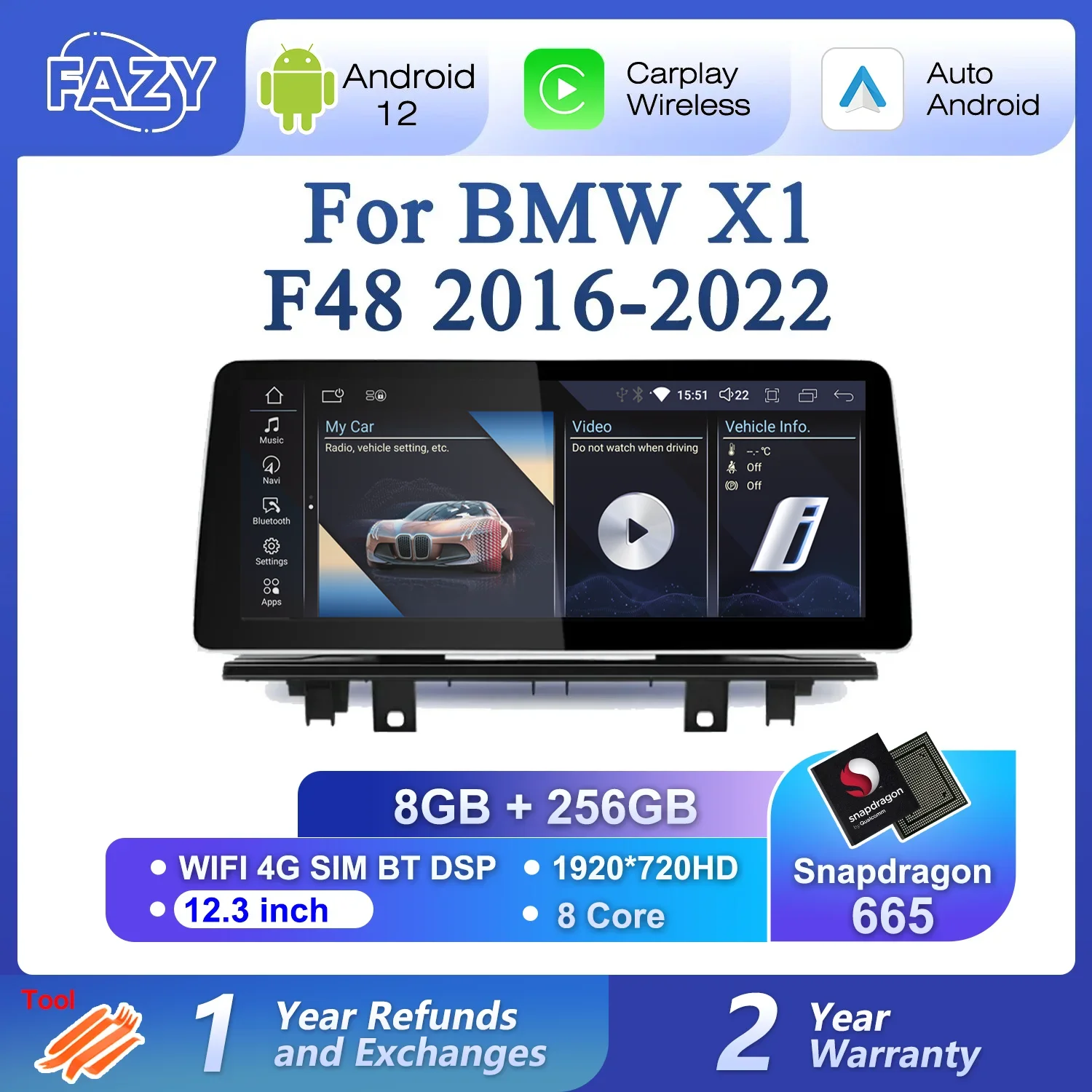 

Qualcom 8 core Android 12 Auto Radio For BMW X1 F48 2016-2022 NBT EVO CarPlay Multimedia Player Stereo DSP GPS 4G SIM WiFi