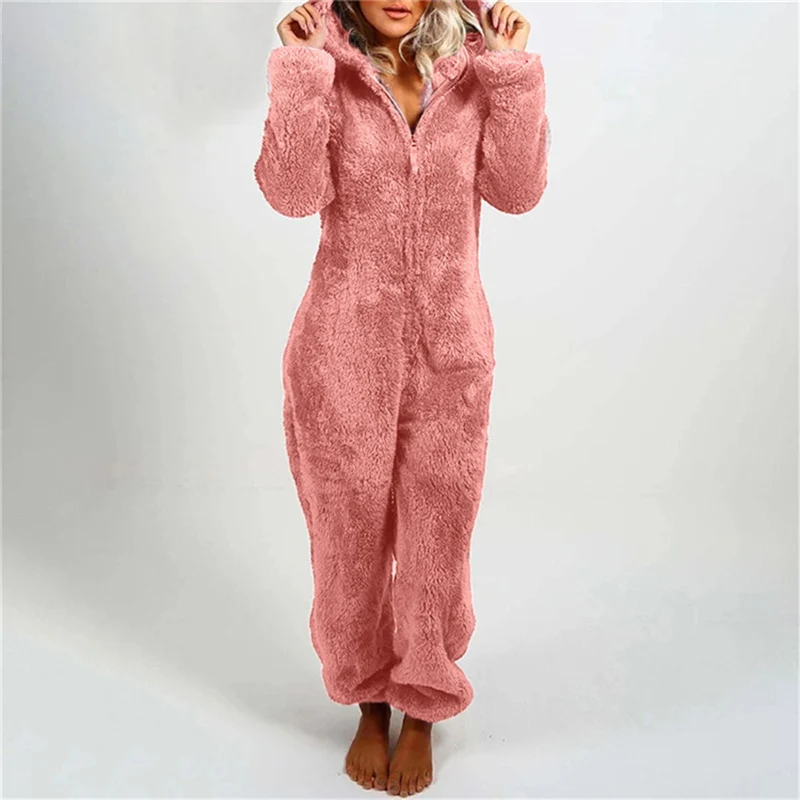Women Bodysuit Mao Mao Jumpsuit Plus Size Hooded Pajamas Plus Velvet Thickened Solid Color Indoor Leisure Winter Home Clothes