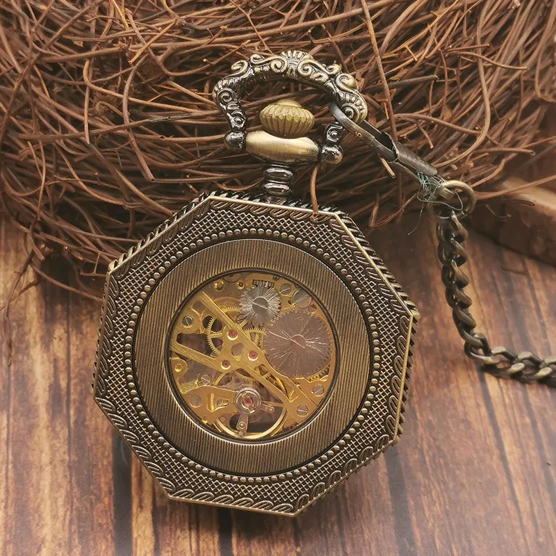 Fashion Casual Hollow Unique Polygon Dial Hand Winding Mechanical Stainless Steel Pocket Watch For Men Women Necklace Pendant
