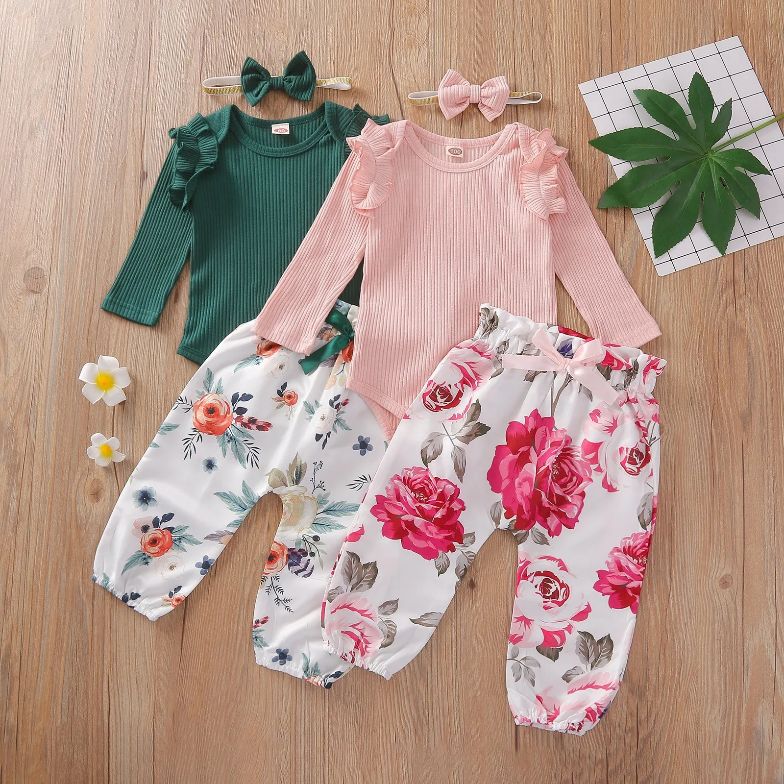 

Full Long Pants Jumpsuit For Girls Floral Printed Girl Clothing Sets 6m To 4y 3Pcs Head Wear Long Sleeve Jumpsuit For Kids Girls