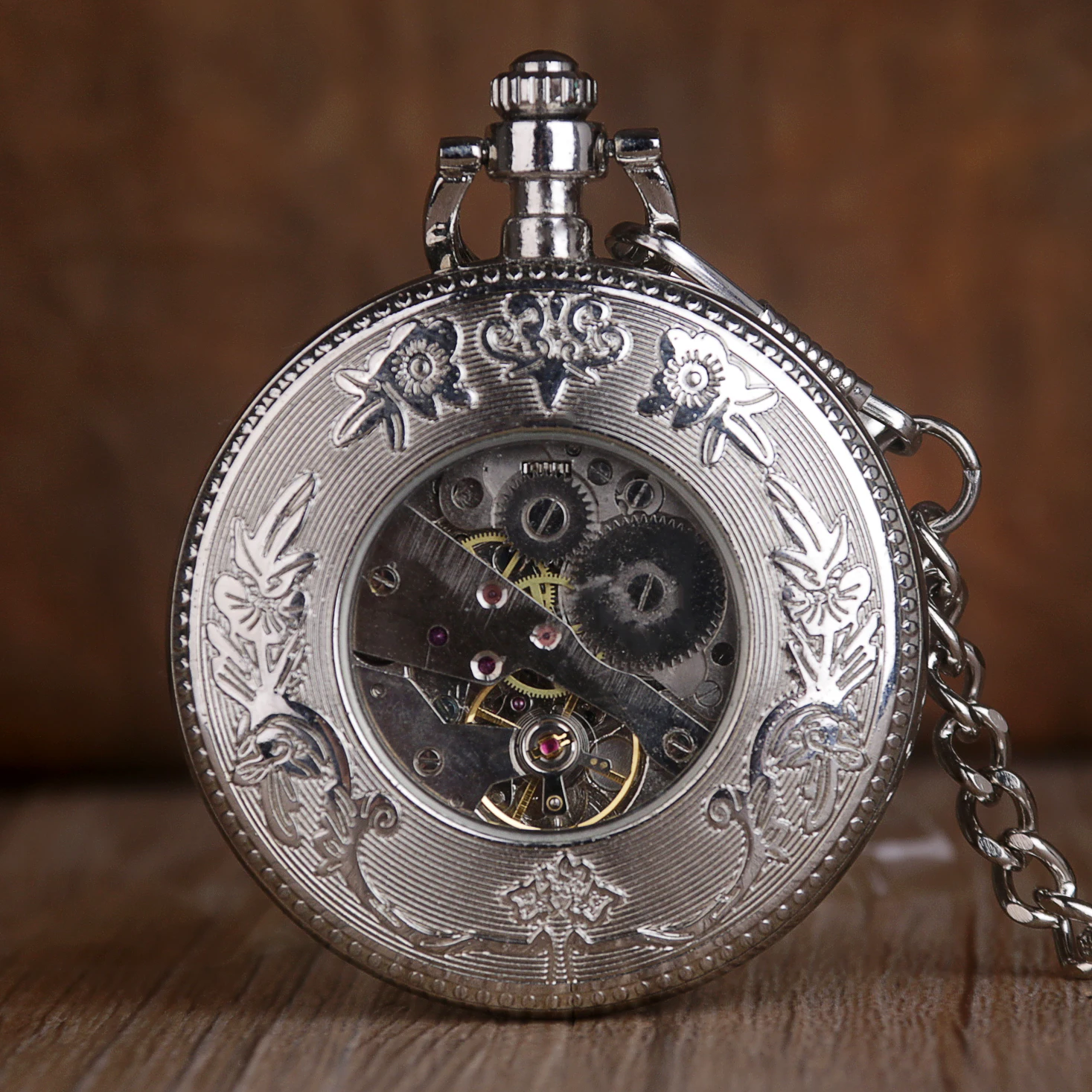 Silver Roman Numeral Pocket Watch Mechanical Minimalist Fashion Vintage Necklace Pendant Clock Fob Watches For Men Women