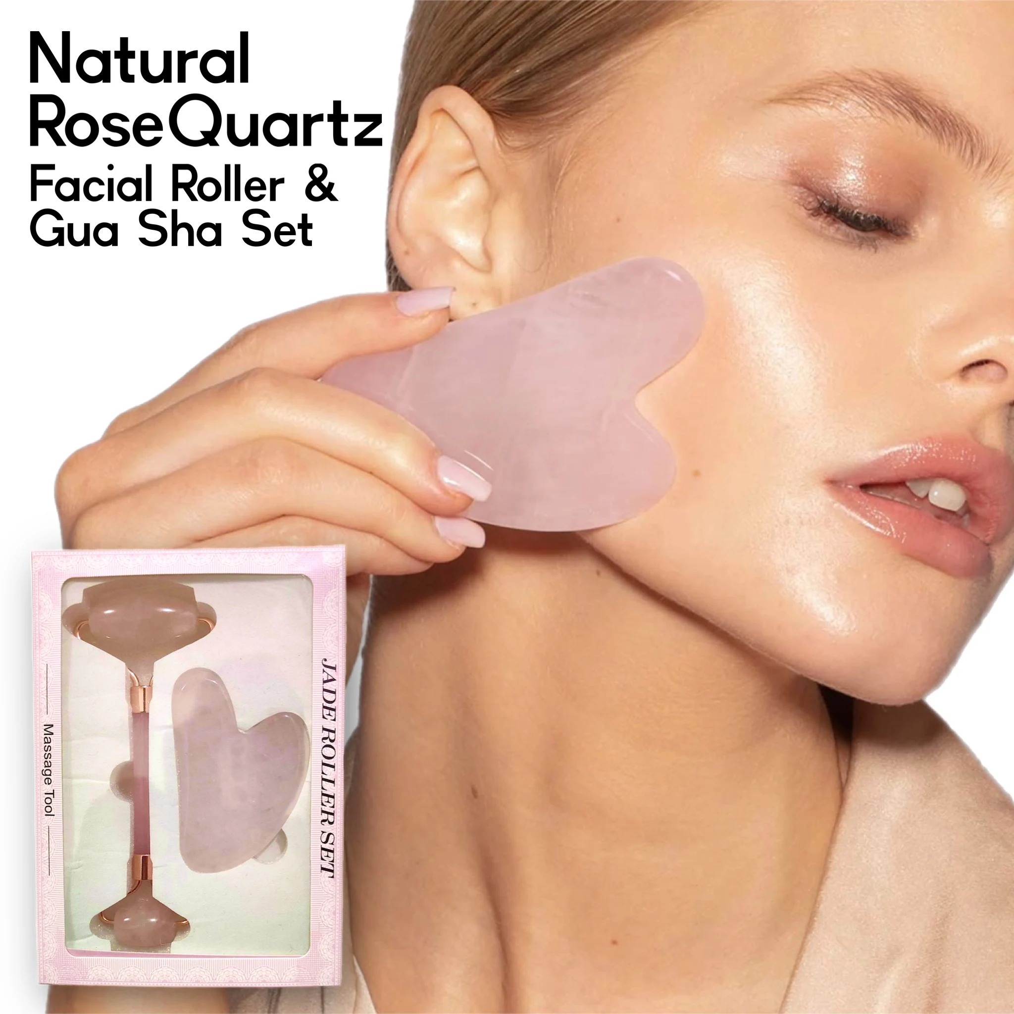 Rose Quartz Gua Sha Natural Stone Jade Roller And Gua Sha Set Massager Facial Roller Skin Care Face Oil Absorbing Roller Crystal
