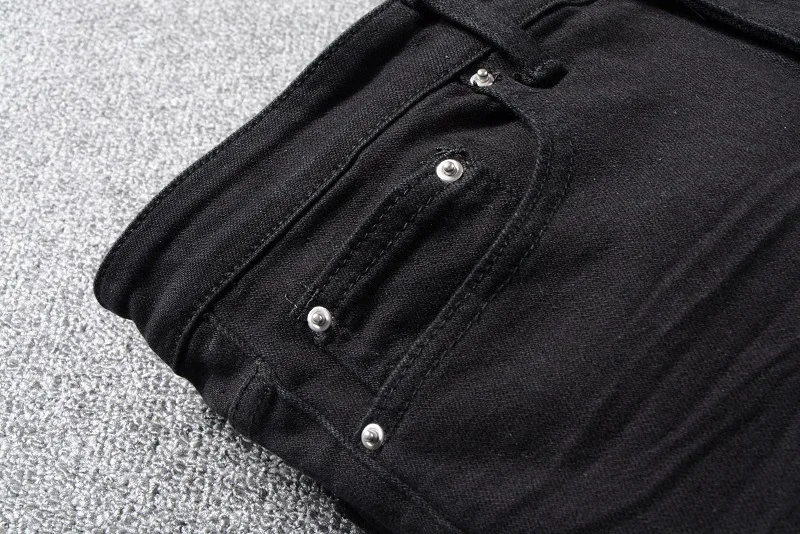 Men's Aged Black Denim Pants Streetwear Boys Y2k Fashion Slim Fit Distressed Baggy Scratched Patches Skinny Stretch Ripped Jeans