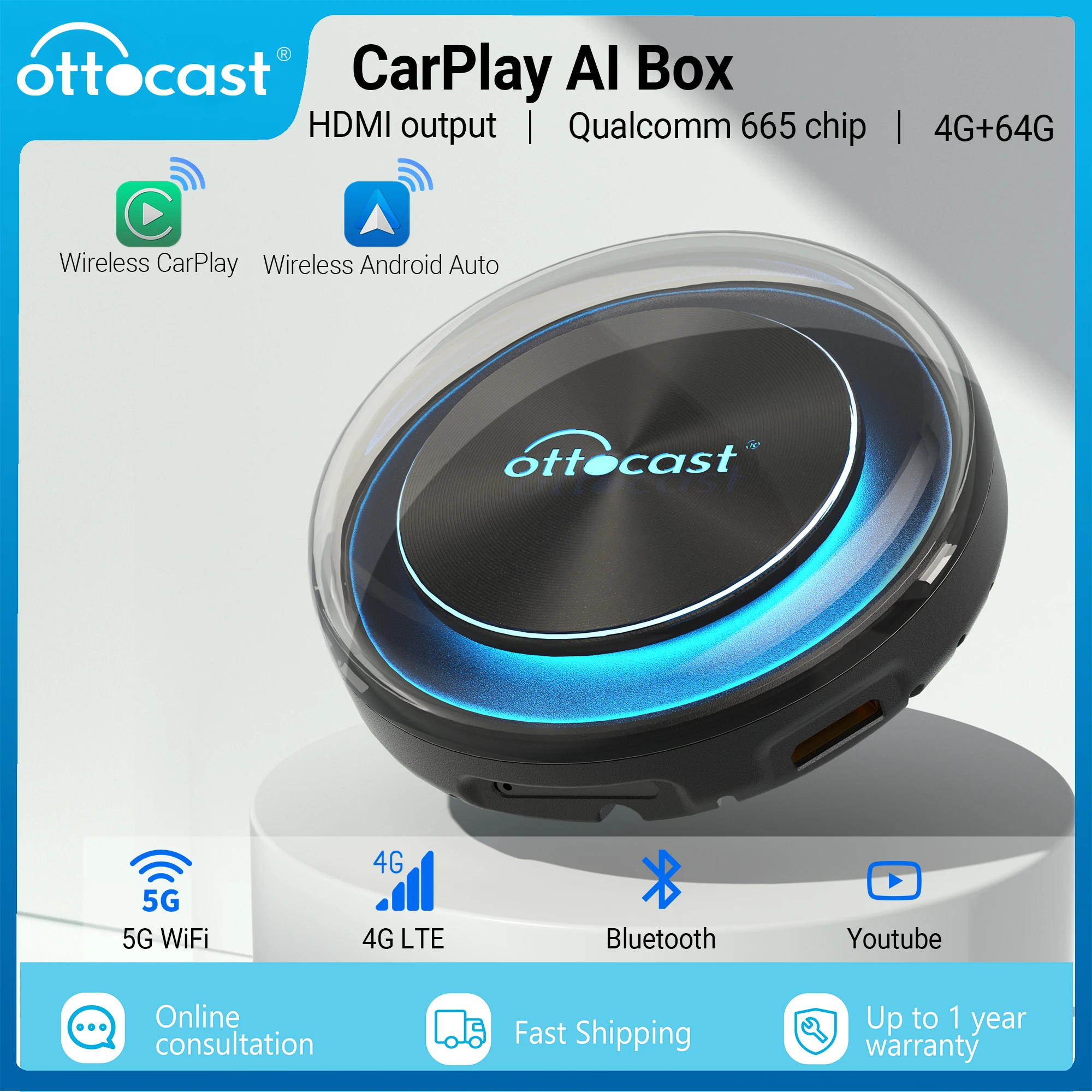 

OTTOCAST PICASOU CarPlay AI Box Mini HDMI Wireless CarPlay Android Auto Car Audio Support Netflix Youtube for VW Audi Q7 Nissan