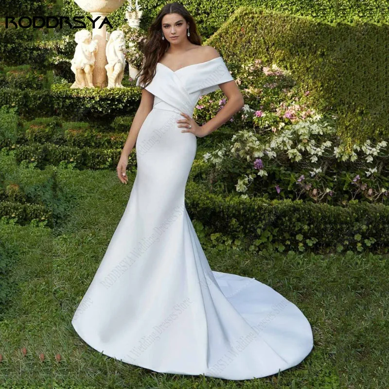 Купи RODDRSYA Off Shoulder Wedding Dress Mermaid Buttons Lustrous Satin Sweep Train Vestido De Novia Backless Bridal Gowns Elegant за 5,670 рублей в магазине AliExpress