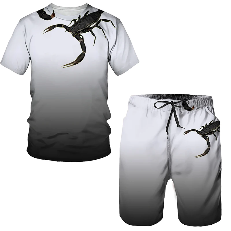 Traje deportivo de gran tamaño para hombre, Camiseta con estampado de escorpión 3D, pantalones cortos, ropa informal, chándal de 2 piezas