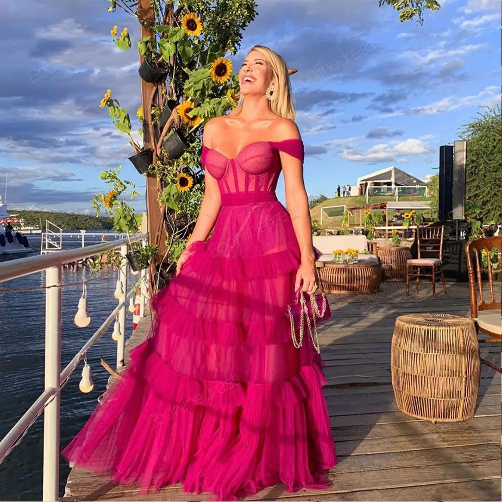 

Sexy Off The Shoulder Party Dresses Summer ChiffonProm Dresses Multilevel Prom Gowns Formal Party Dresses Robe De Soiree