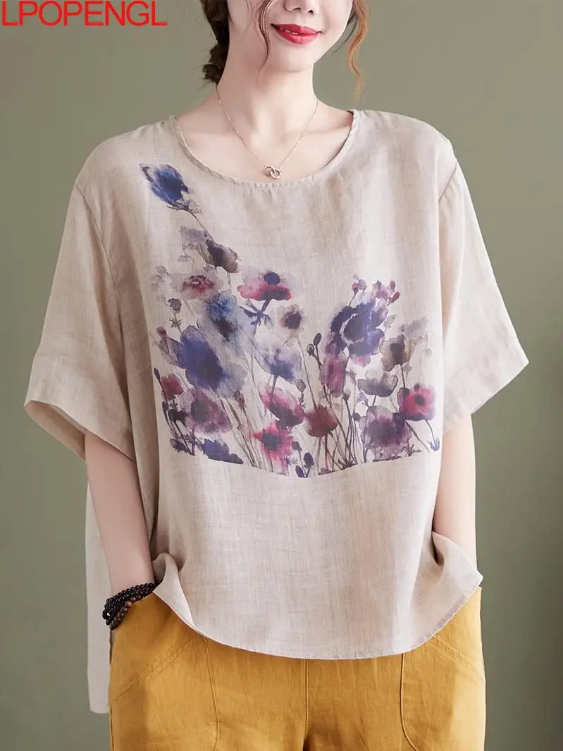 

Solid Color Summer Woman New Ink Print Floral Short-sleeved Top Pullover Loose Casual Comfortable Oversized vintage T-shirt 2022