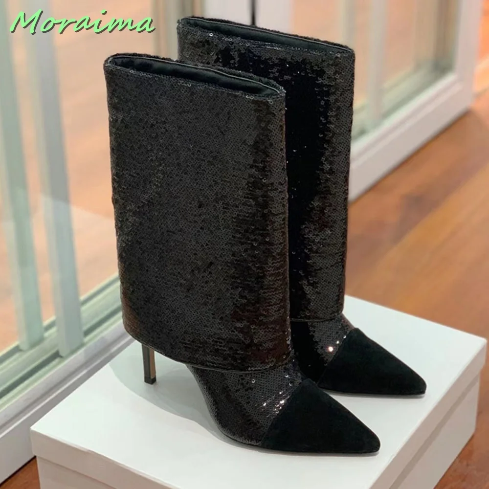 Sequins Pointed Toe Bling Trousers Boots Stiletto High Heel Stitching Slip On Solid Women Shoes Autumn Winter Runway Fashion New