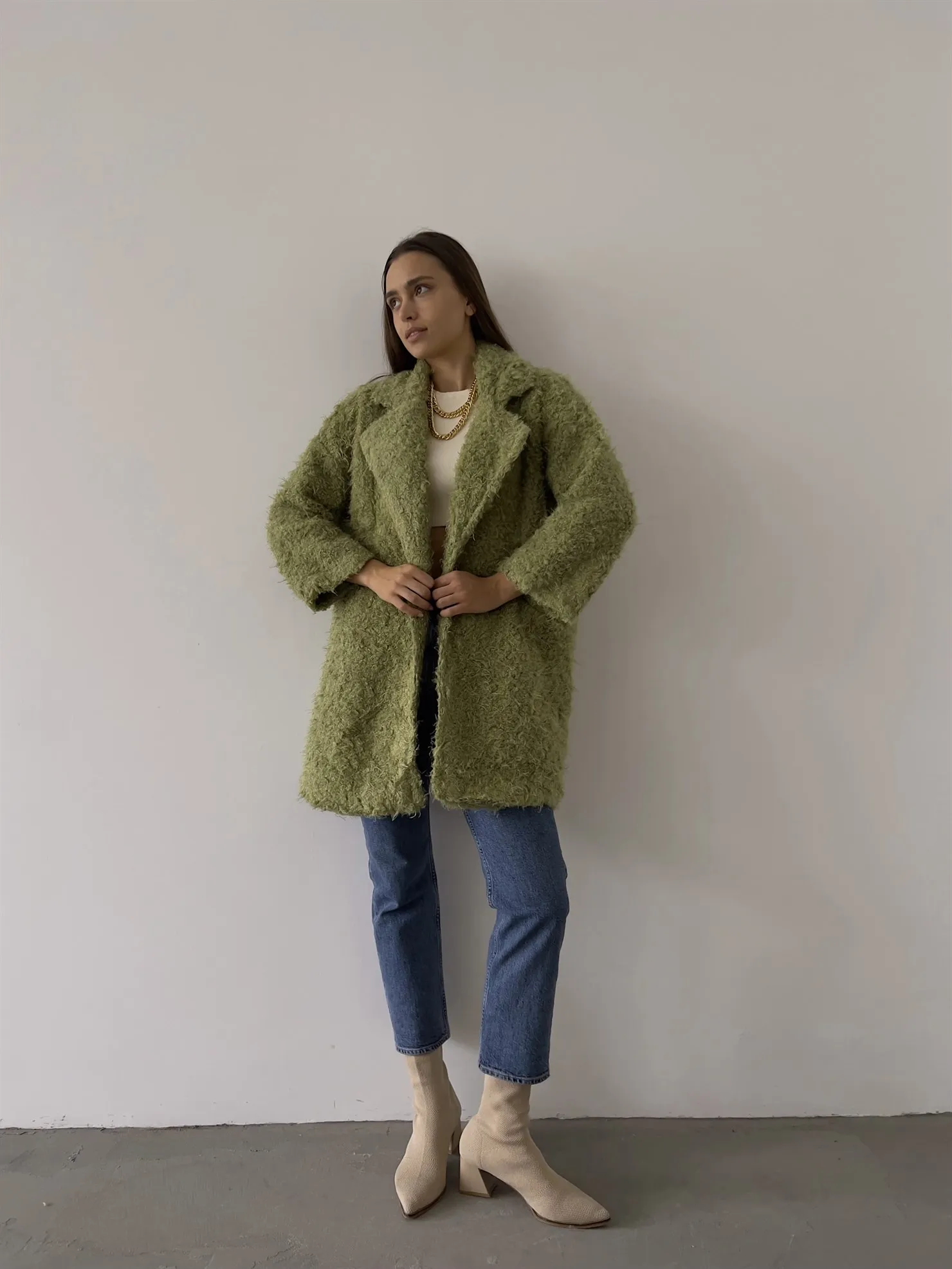 Florus Green Plush Women's Coat with Side Pockets 2023
