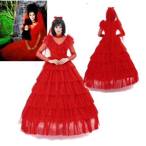 (in stocK) Movie Beetle cos Juice Lydia Cosplay Costume Red Wedding Dress Outfits Halloween Suit Juice Lydia Wedding Dress