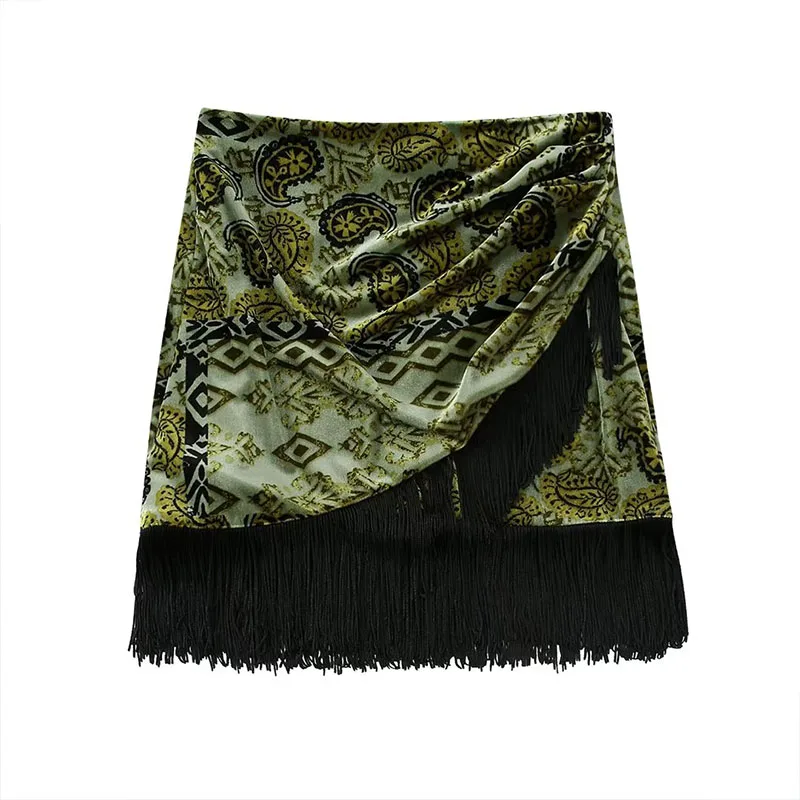 

ZATRHMBM Women 2022 New Fashion Fringed Velvet Printed Skirt Vintage A-Line Back Zipper High-Waisted Female Skirts Mujer