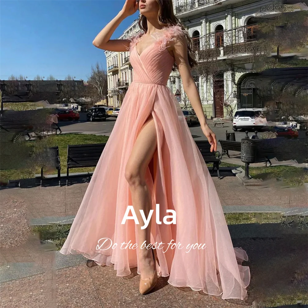 

Graceful A Line Side Slit Evening Dress V Neck Prom Dress Fomal Backless Party Dress robe de soirée femme Pink abendkleider