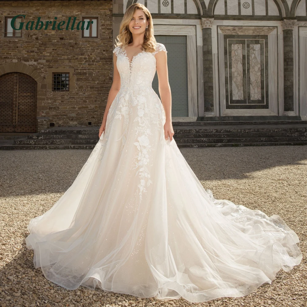 

Роскошное Тюлевое свадебное платье Gabriellar с глубоким круглым вырезом, изысканная аппликация, платье со шлейфом, вырезанное на заказ