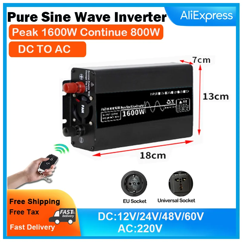 

1600W Pure Sine Wave Inverter 12V 24V 48V 60V To AC 220V Solar Remote Control Switching Power Supply Inverter