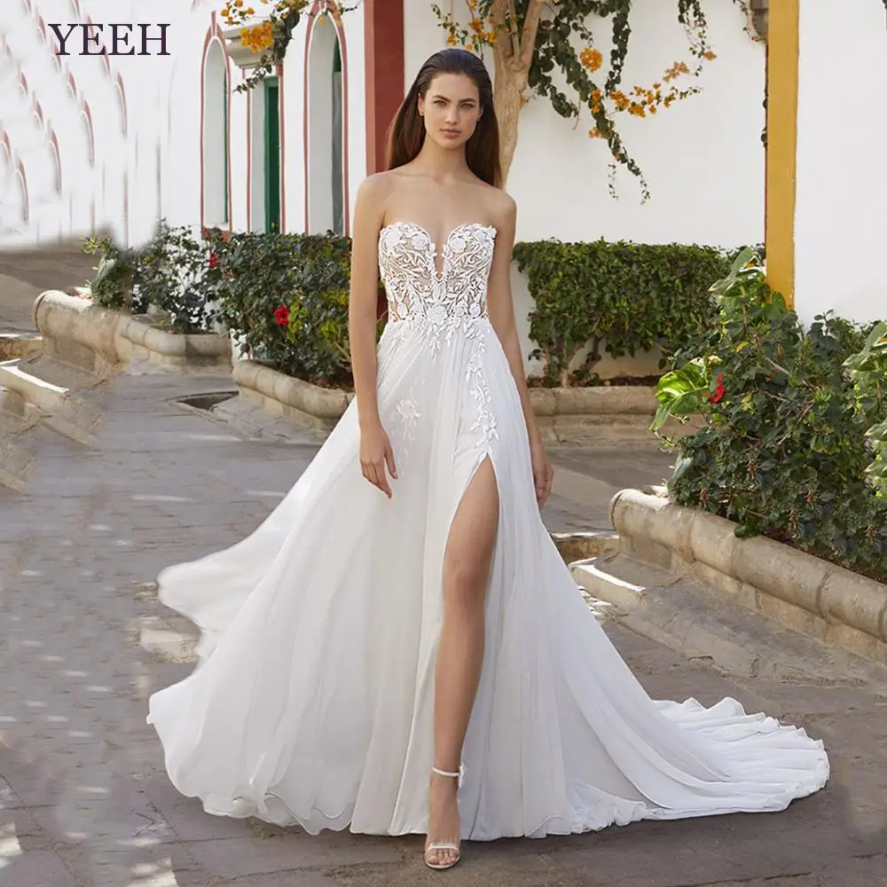 

YEEH Summer Strapless Wedding Dresses For Women Classic Appliques A-Line Split Low Back Bridal Gown Sweep Train Vestido De Novia