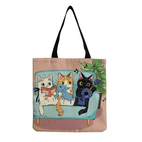 Мультяшная сумка-шоппер, портативная вместительная уличная Складная Экологически чистая женская сумка-тоут с принтом кошки
