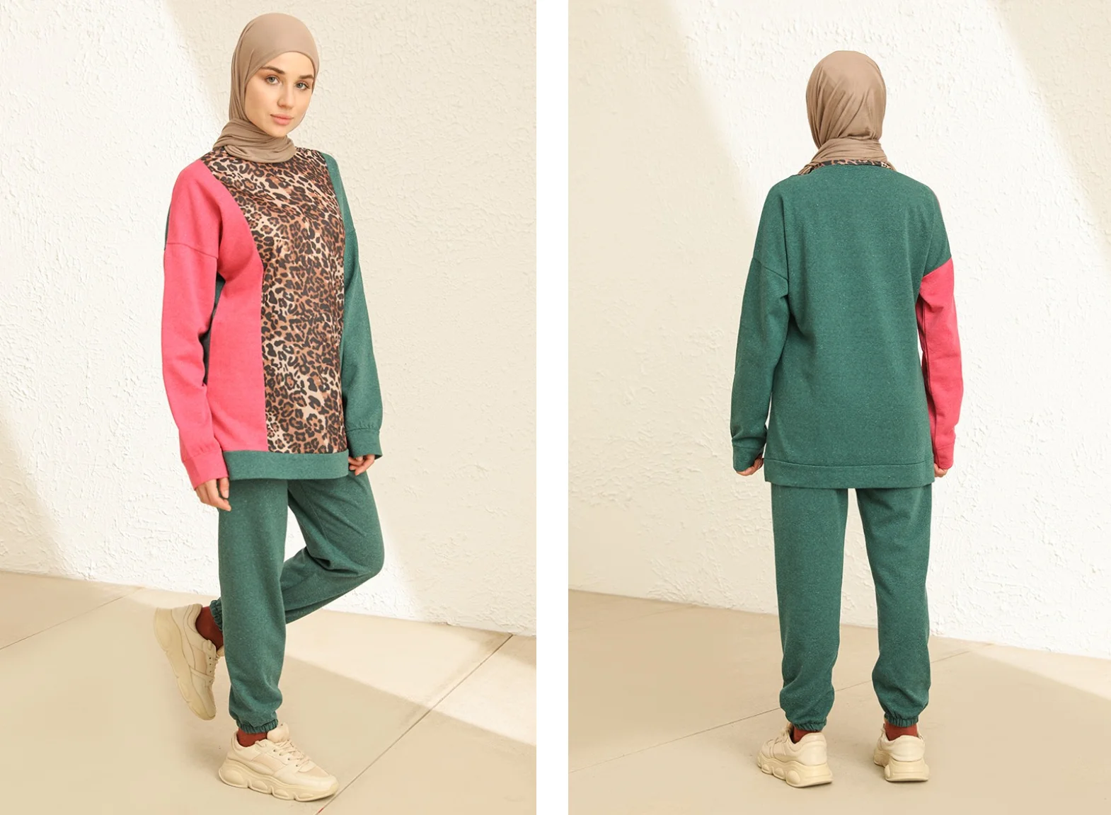 

4 seasons Muslim Women 'S multi-color leopard pattern printed O-neck unlined stylish casual sport tracksuit set pants waist rubber