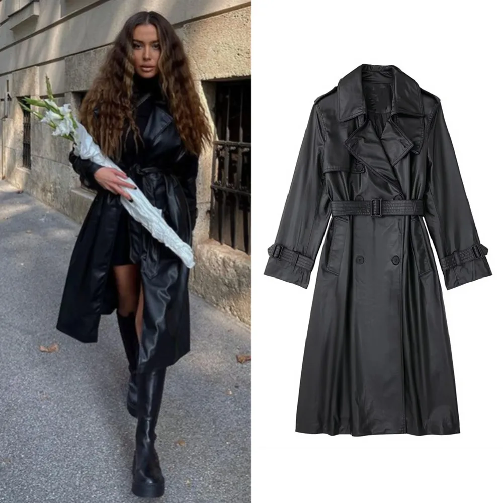 

PB&ZA 2022 Autumn and Winter New Women's High Street Trend Lapel Long-sleeved Black Faux Leather Long Trench Coat 436924